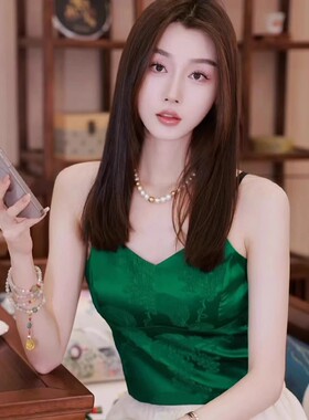 新中式轻国风绿色吊带背心女夏季新款内搭暗纹提花短款抹胸上衣