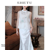 新款 上衣女夏季 重工刺绣立领盘扣国风马甲 复古禅意白色唐装 新中式