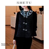 上衣女早春新款 新中式 复古禅意黑色提花唐装 重工刺绣盘扣国风马甲