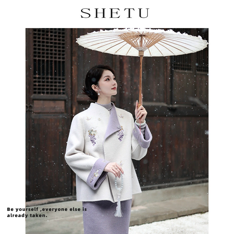 新中式复古双面呢国风毛呢外套女