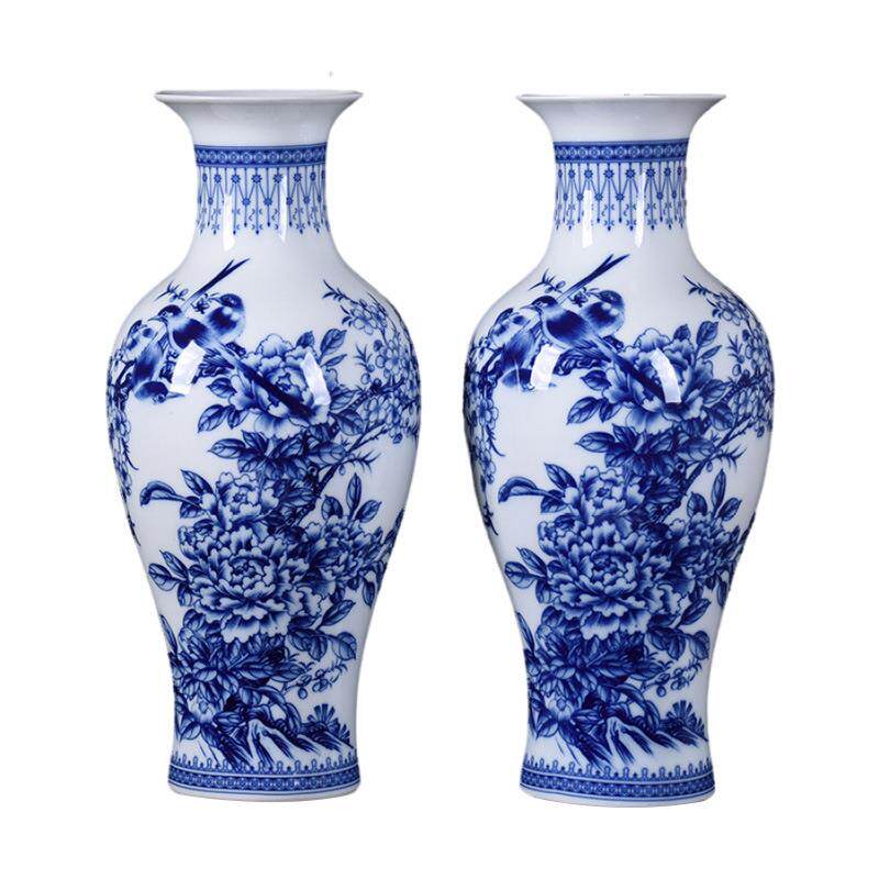 陶瓷花瓶摆件青花瓷花鸟观音瓶大号柜台装饰玄关组合中式摆件