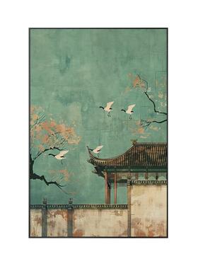 新中式禅意绿色中国风楼阁仙鹤古典客厅装饰画玄关壁画竖版挂画