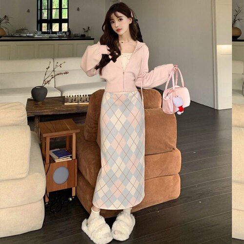 甜美小众百搭时尚新款长袖高腰格子半身长裙外套蝴蝶内搭女三件套