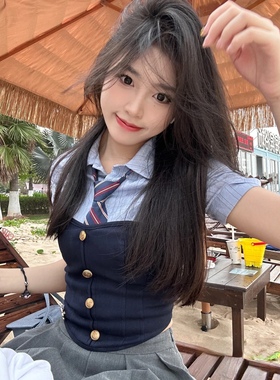 美高韩高 “巨显腰细”原创设计假鱼骨束腰套装百褶学院