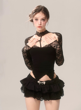 少也眼=私有浪漫 黑色高级感短裙蝴蝶结蕾丝设计感半身裙女短裤裙