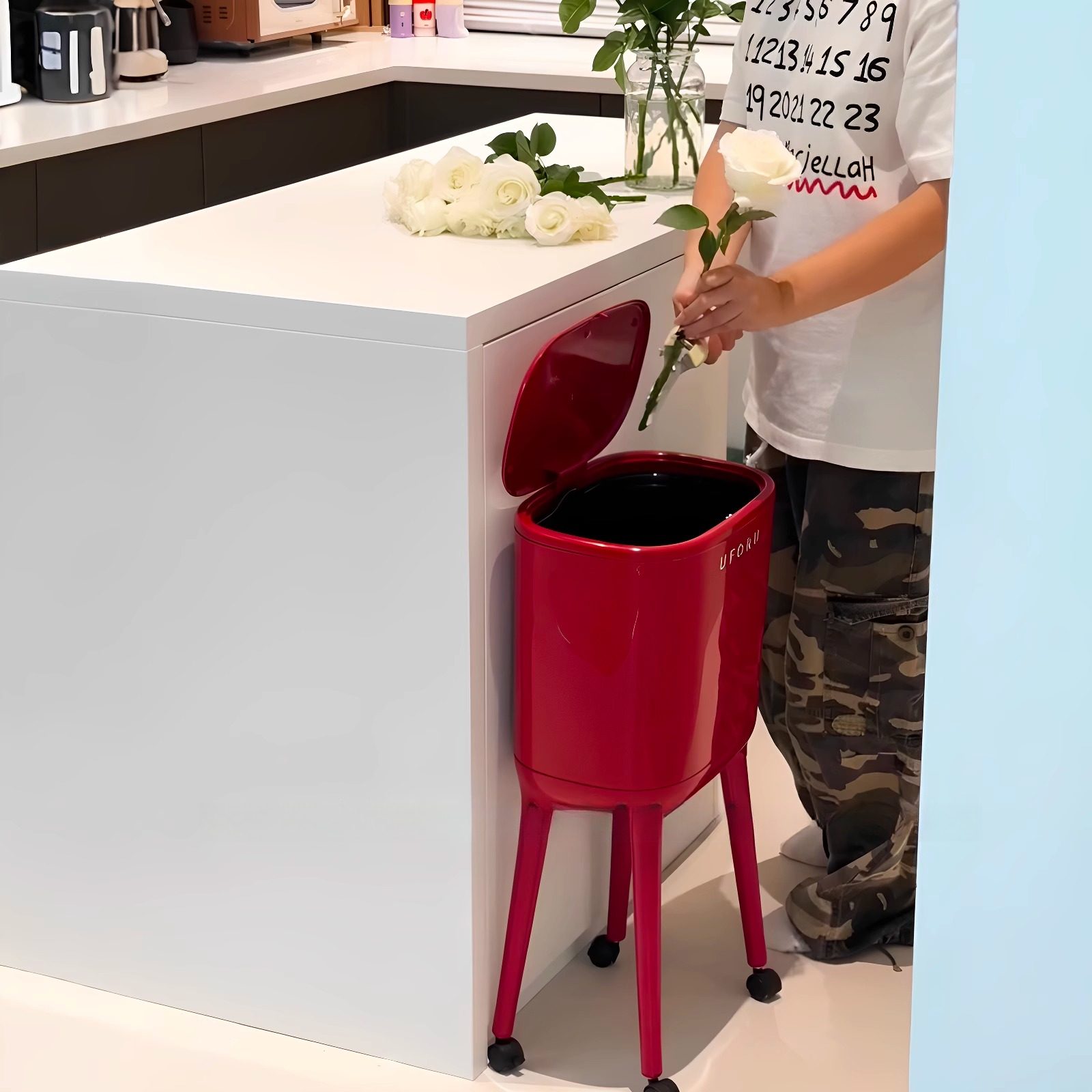 厨房垃圾桶高款可移动大号不弯腰带盖带轮厨余收纳桶大容量卫生桶