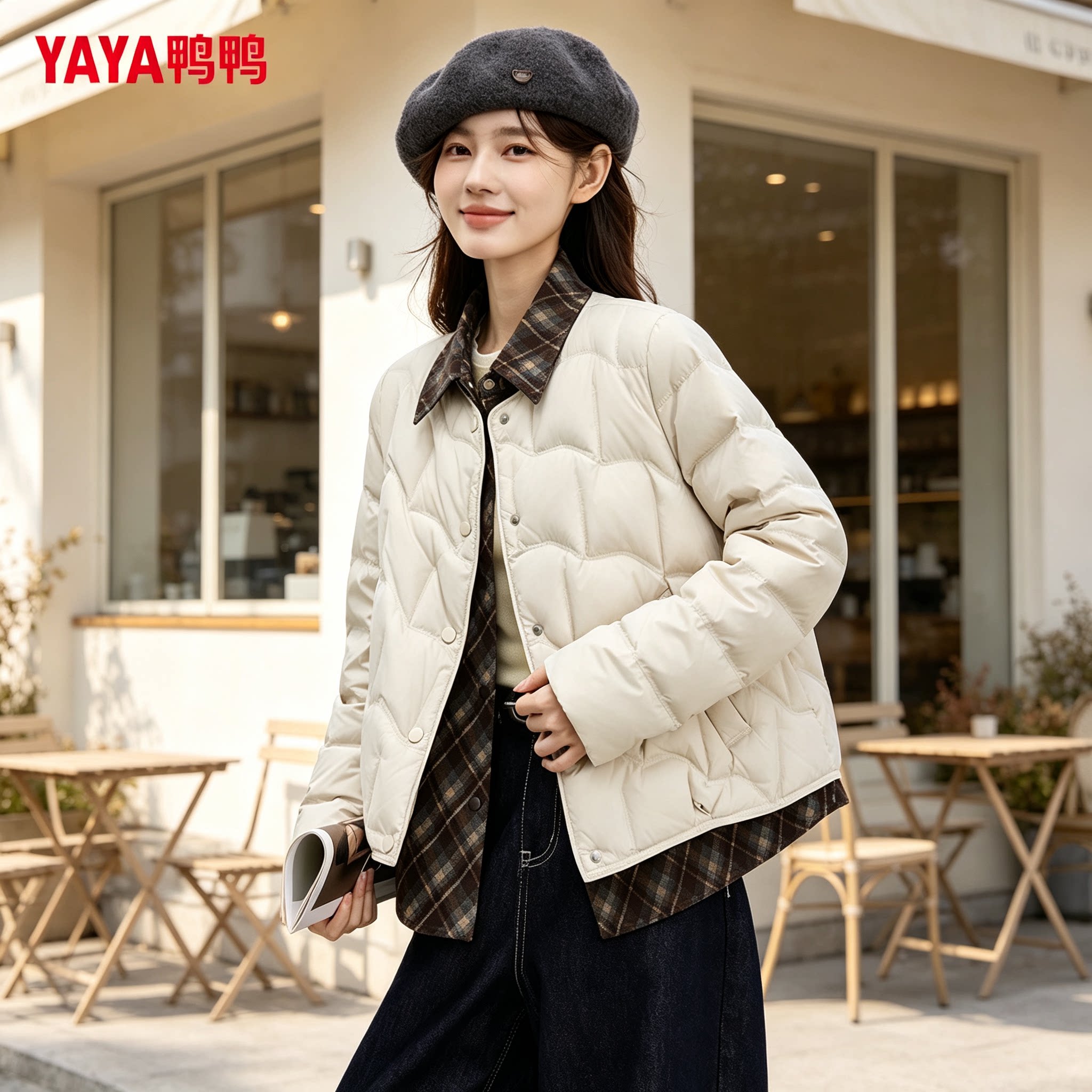 鸭鸭假两件轻薄羽绒服女