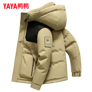 鸭鸭品牌羽绒服男2024年秋冬新款正品连帽短款工装撞色拼接外套HG