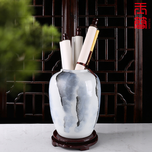 中式手绘水墨山水书画缸画轴卷缸样板房酒店民俗家居陶瓷花瓶摆件