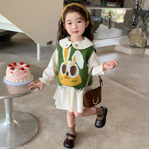 女童连衣裙春秋2023新款女孩宝宝洋气公主裙儿童秋装韩系马甲套装