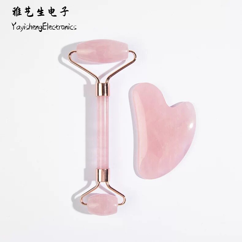 玉石滚轮刮痧套装粉晶玉石刮痧板按摩器刮痧片脸部美容按摩棒
