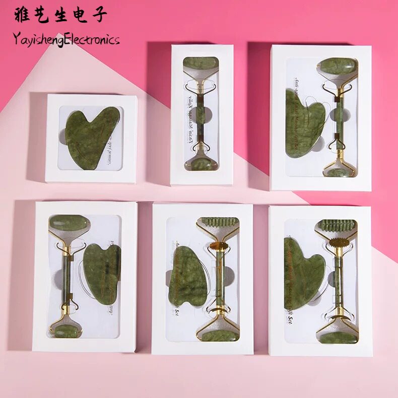 玉石滚轮刮痧板套盒按摩棒双头岫玉刮痧片美容面部玉石按摩器套装