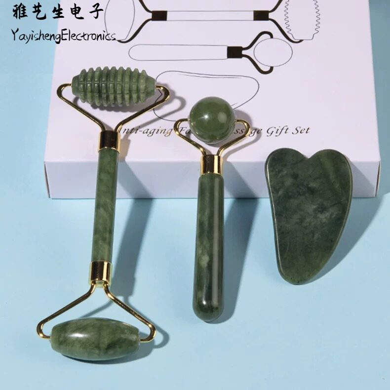 玉石按摩滚轮套装玉石美容器岫玉按摩棒面部玉石牛角刮痧板