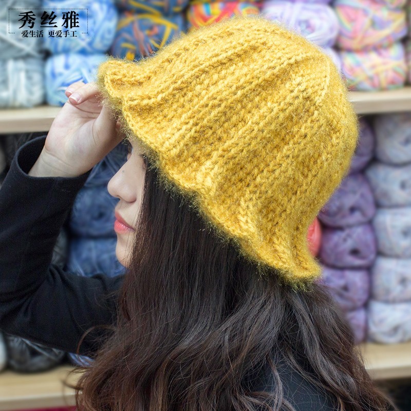 diy秋冬长毛亮丝纱线小飞边帽子