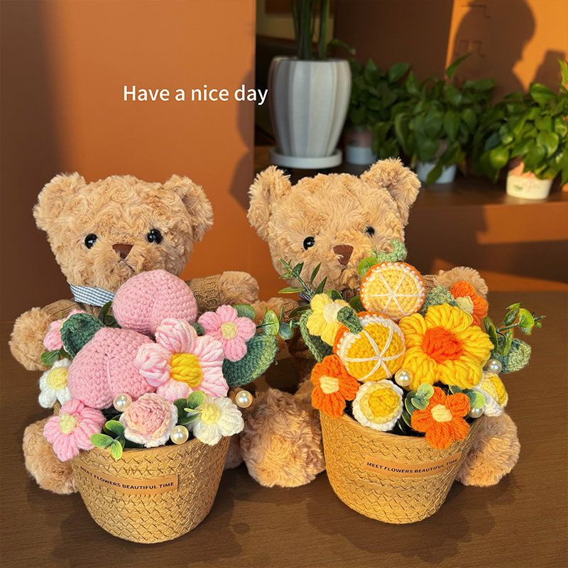 小熊玩偶抱抱桶情人节礼物永生花针织花成品新年送男朋友寓意礼品