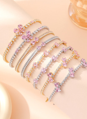 新款小清新小众粉色蝴蝶结锆石手