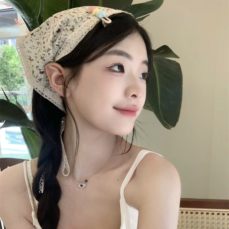 海边氛围感头巾头巾女包头夏季田园风少女感碎花蕾丝三角巾出游度