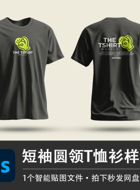 黑色短袖卡通图案圆领T恤夏衫上衣PSD样机模型智能贴图服装VI素材