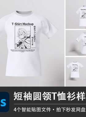 白色短袖圆领印花图案T恤夏季上衣PSD样机模型智能贴图服装VI素材