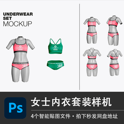 女士内衣套装文胸胸罩三角内裤泳衣PSD样机模型智能贴图服装素材