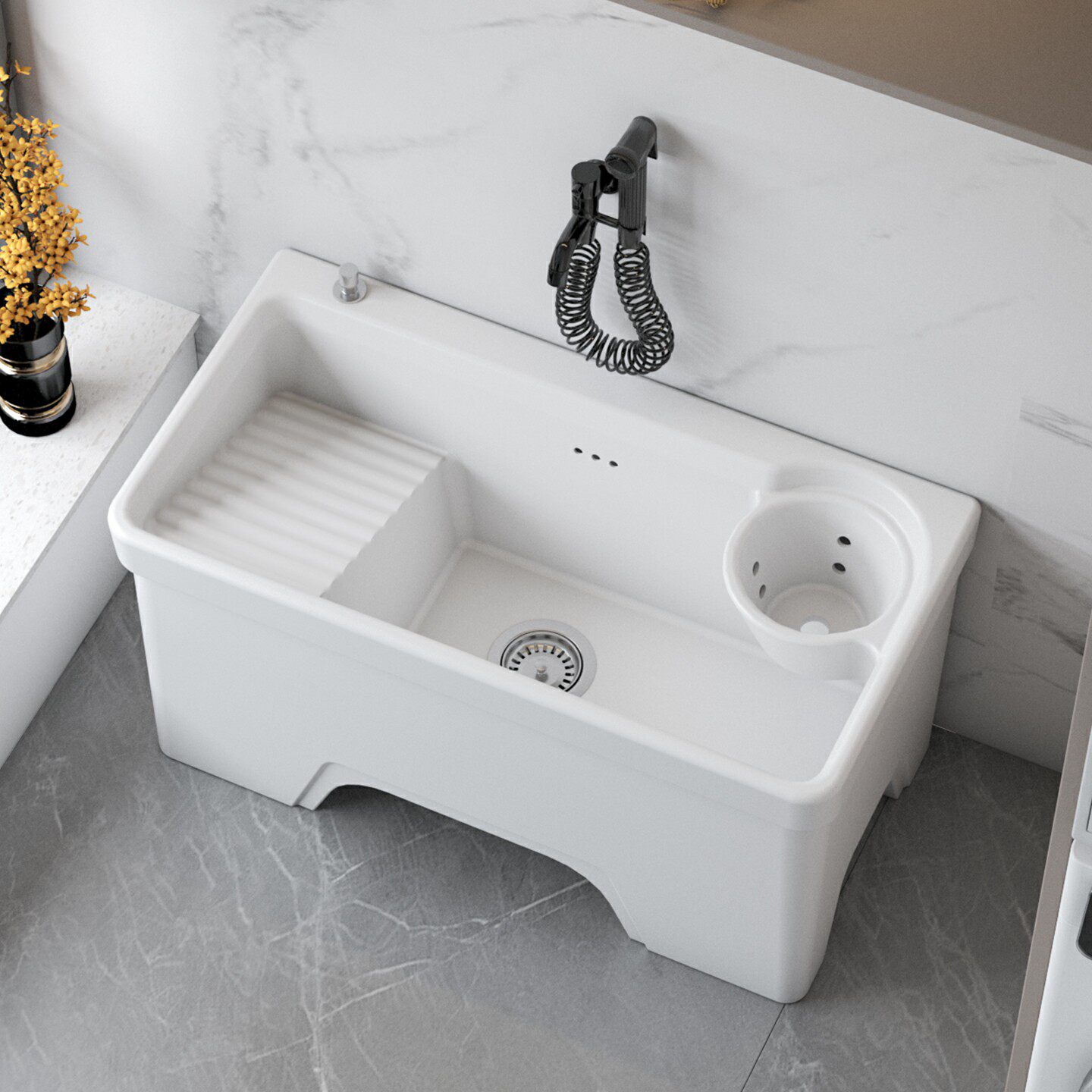 高脚陶瓷拖把池带沥水篮图片