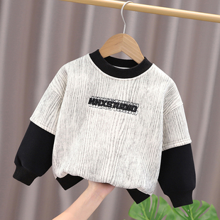 男童加绒卫衣2025秋冬装新款小童潮牌保暖打底衫婴儿童拼色假两件