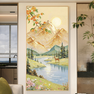 日照金山挂画客厅玄关油画现代装饰画奶油风过道走廊尽头山水壁画