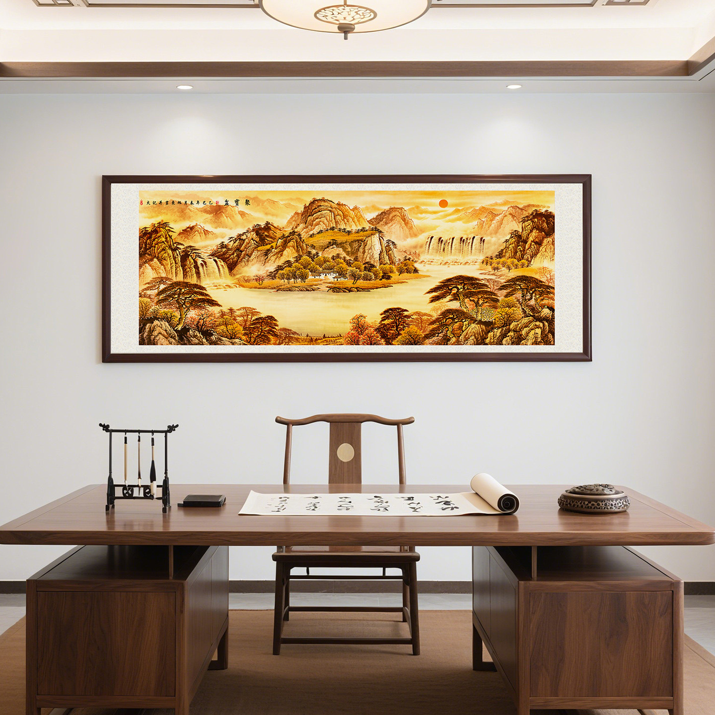 新中式聚宝盆客厅装饰画沙发背景墙挂画大展宏图办公室茶室壁画