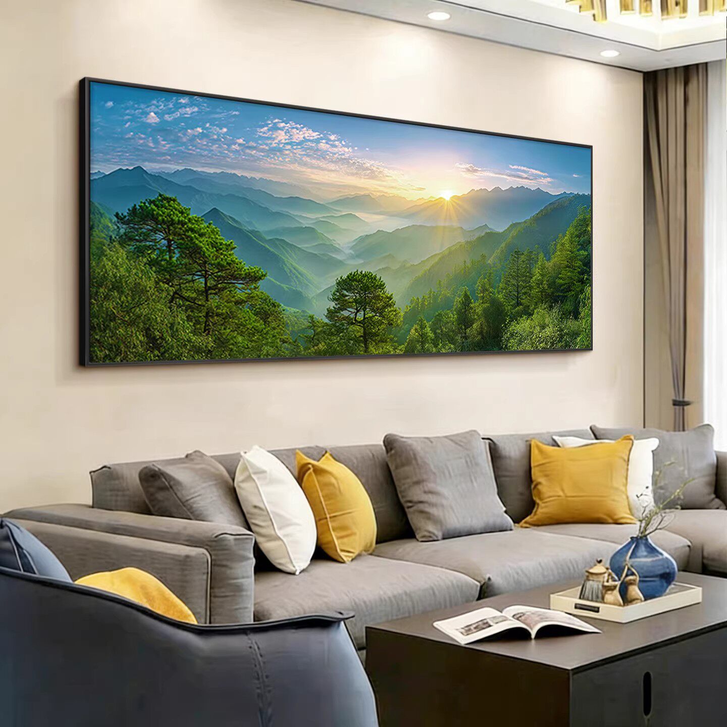 旭日东升望云楼沙发背景装饰画山水画办公室靠山图书房壁画新中式