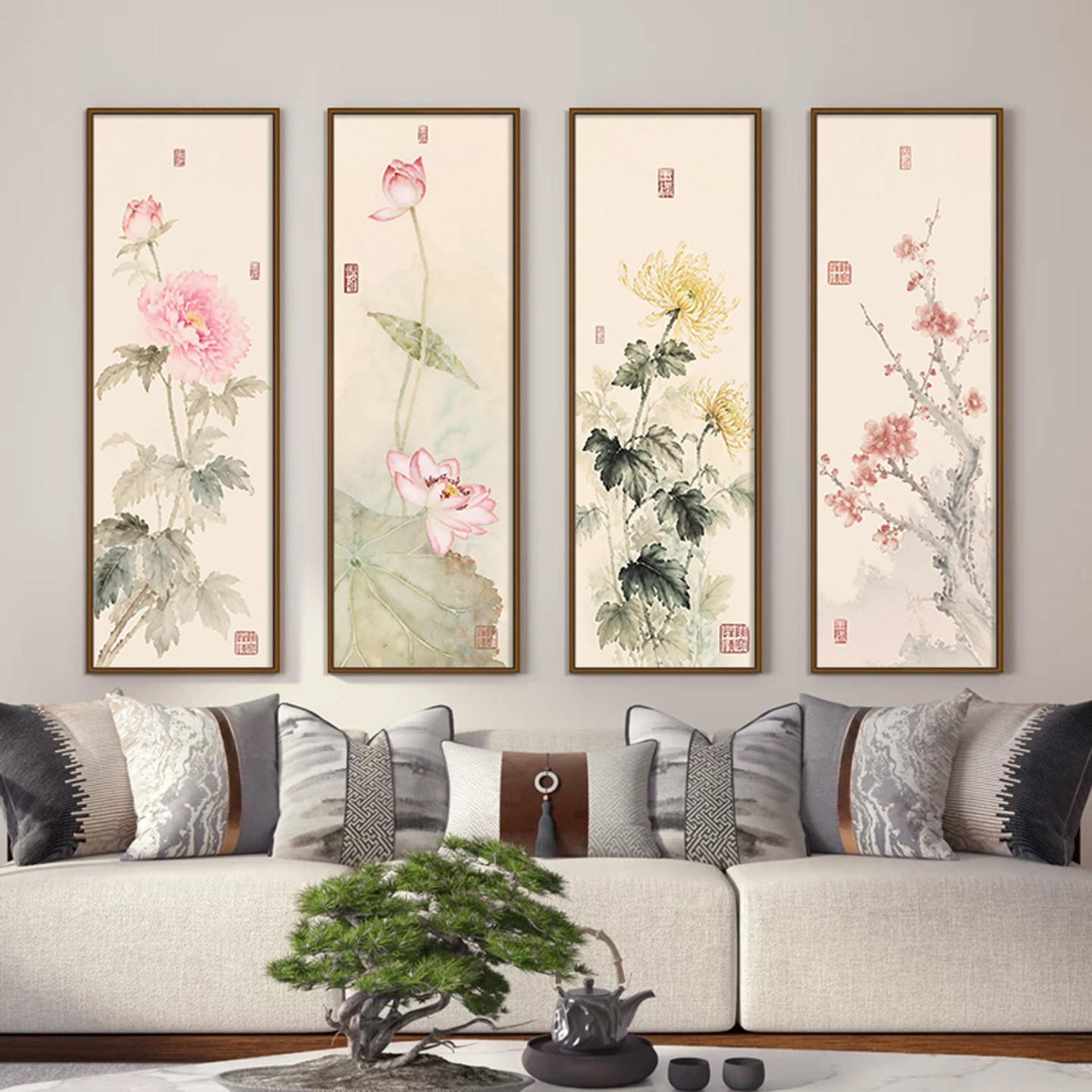 梅兰竹菊水墨图新中式客厅装饰画中堂挂画茶室书房背景墙四联壁画