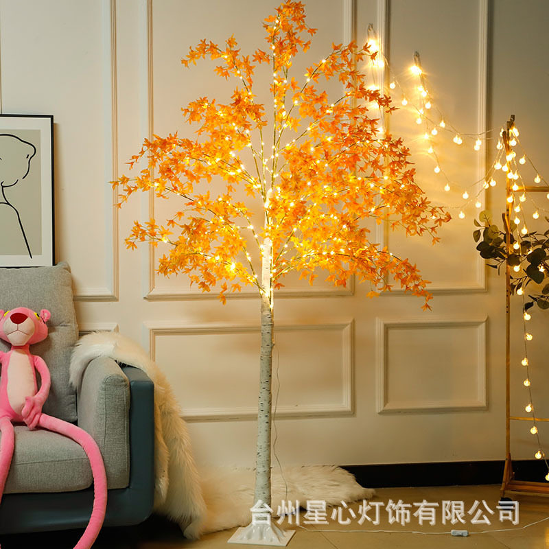 厂家直销仿真白桦树橘色心兰花树ins庭院景观树圣诞节日灯铜线灯