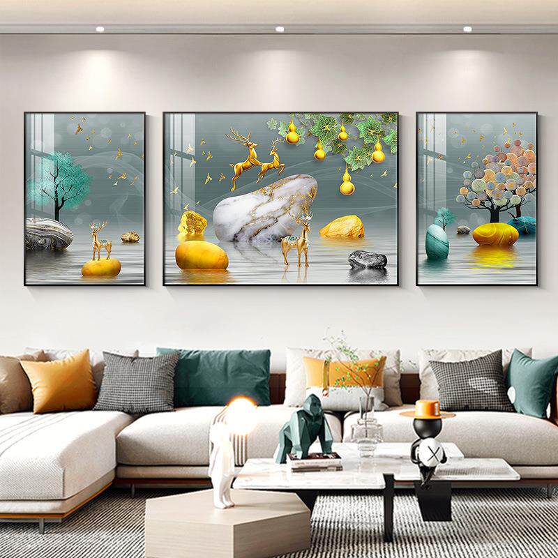 客厅装饰画高档轻奢大气沙发背景墙挂画三联画现代简约墙上壁画鹿