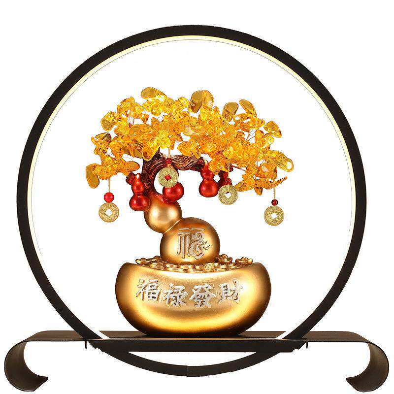 中式黄水晶发财树摆件客厅玄关卧室床头带灯装饰摆设乔迁新居礼品