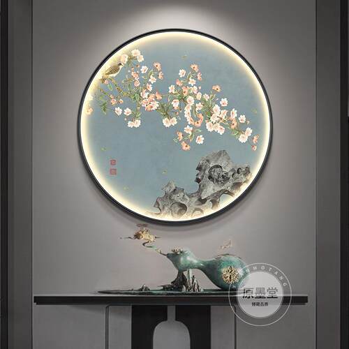 喜上眉梢入户玄关装饰画梅花圆形挂画新中式走廊过道国风花鸟壁画