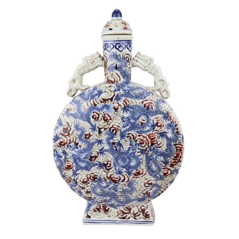 景德镇陶瓷器仿古青花釉里红龙纹凤纹抱月瓶中式家居装饰花瓶摆件