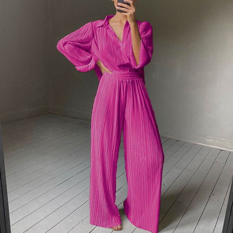 shirt pants two set长袖褶皱衬衫女阔腿拖地垂感长裤套装纯色