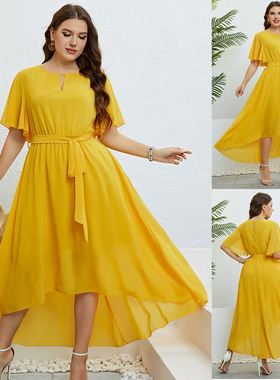 Summer plus size V-neck dress woman 大码黄色V领收腰连衣裙