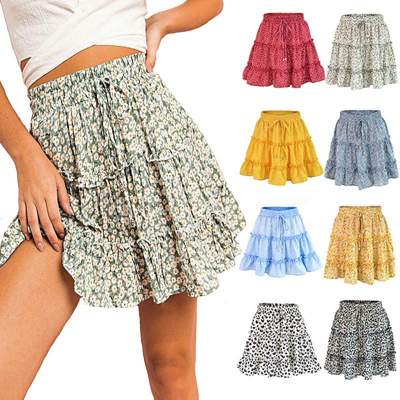 Women's high waist Ruffle floral skirt printed A-line skirt