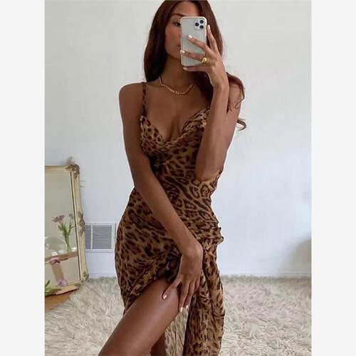 Leopard print lace up women maxi dress beach party dress