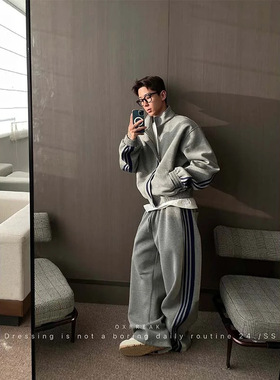 OXFREAK「套装系列」秋冬新款三条杠重磅卫衣开衫宽松休闲裤男款