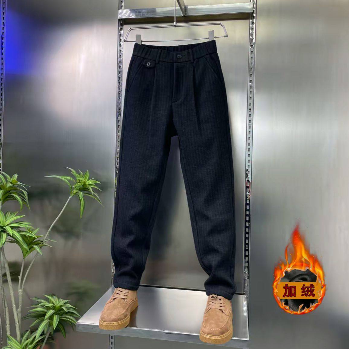 直播款-2025冬季男士裤子新款加绒加厚保暖毛呢提花高档休闲西裤
