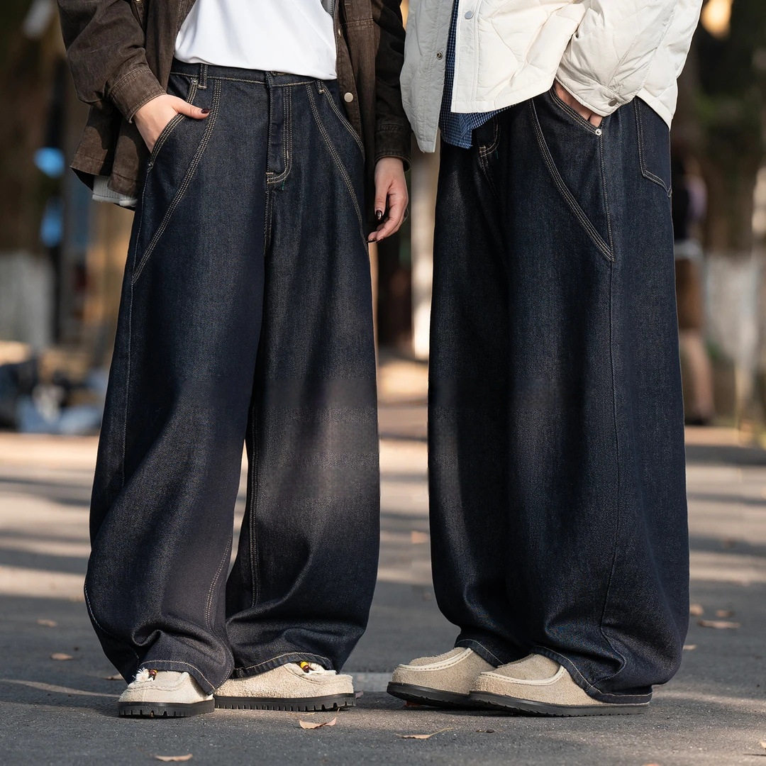 黑曼巴&rdquo;系列【幽刀】冬加绒加厚宽松复古弹力垂感牛仔裤男女同款