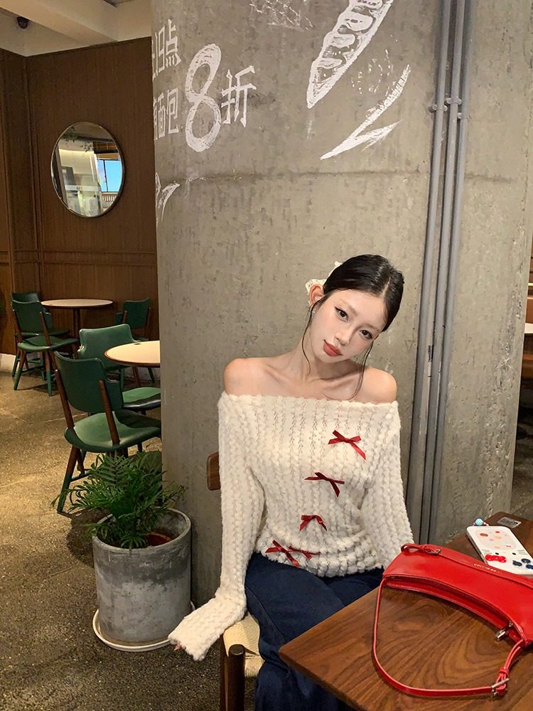 Off-Shoulder Bow-Tie Sweater: 3-Season Layering Top - Taobao product photo 4