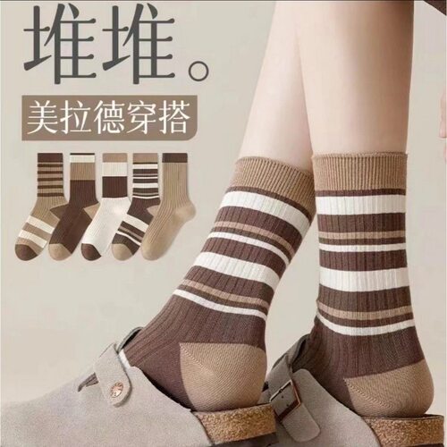 【5双装】夏季袜子女棉袜四季款中筒美拉德堆堆袜纯色吸汗运动