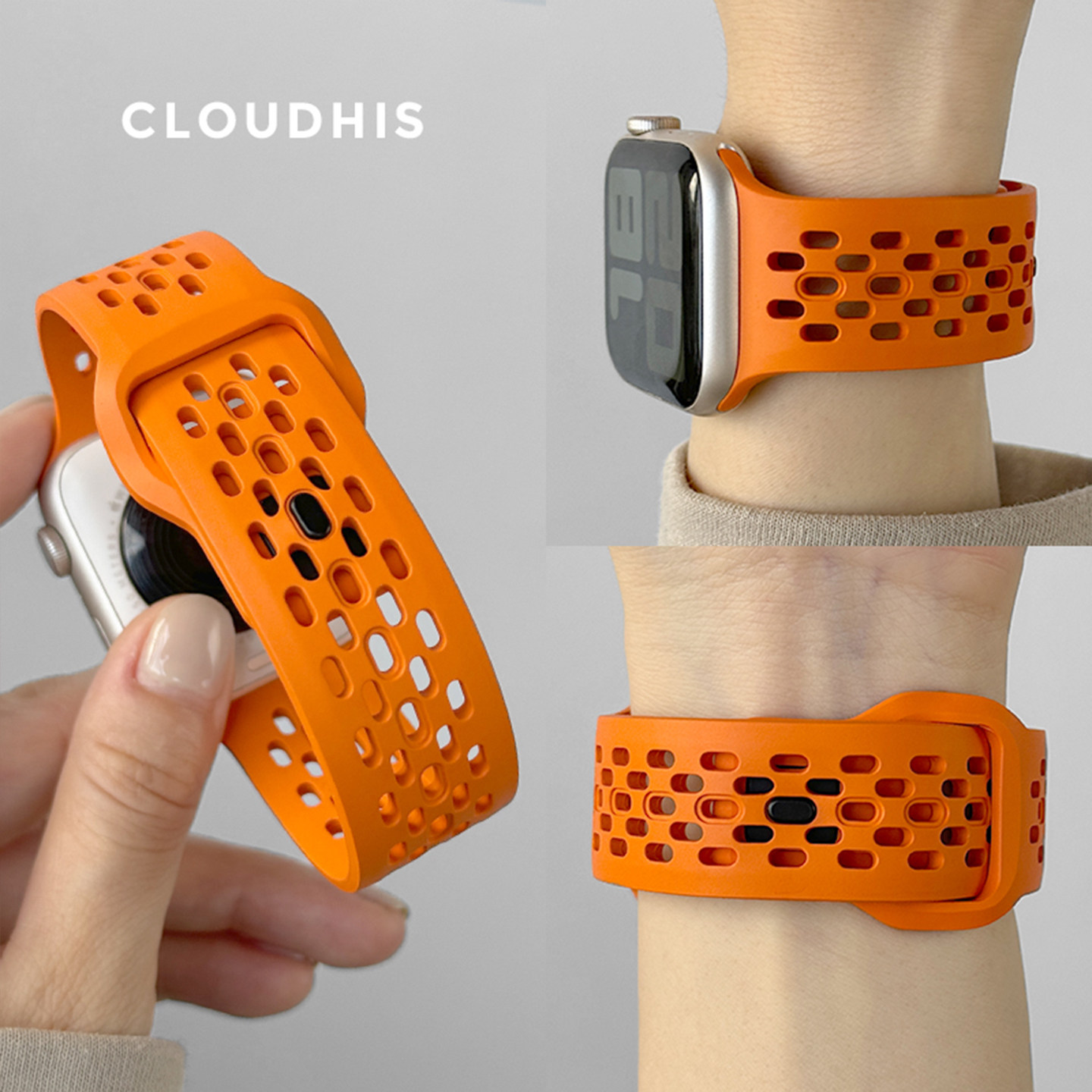 CloudHIS适用applewatchs9Ultra46mm苹果手表表带s12iwatch表带新款FKM氟橡胶s11s10运动腕带透气男女SE38代5