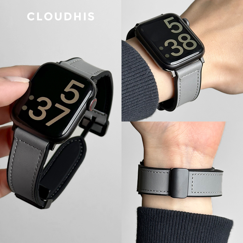 CLOUDHIS新款疯马皮硅胶磁吸iwatch10表带适用苹果手表applewatch运动9透气8真皮ultra秋冬男小众s10女款
