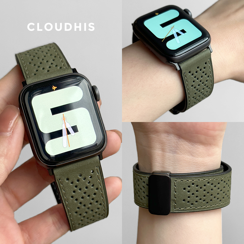 适用iwatch8手表applewatch9表带真皮S8苹果创意ultra智能S9运动7硅胶s10高级6代SE男秋冬新款磁吸扣疯马皮纹