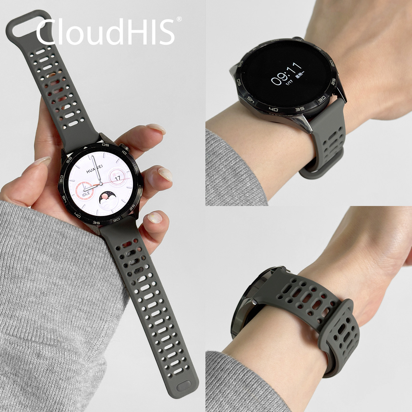 CLOUDHIS新款适用华为GT5手表表带gt4表多孔透气硅胶gt6表带watch3pro运动透气高级感春夏季腕带男女腕带GT2