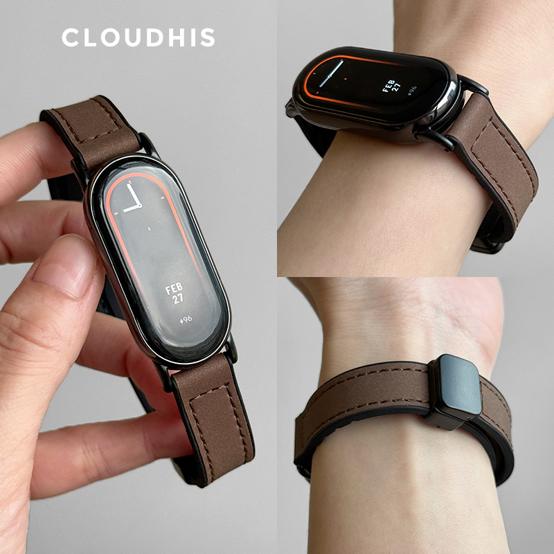 CLOUDHIS适用小米手环9代折叠磁吸扣手环10表带nfc版运动8智能xiaomi手环秋冬新款9智能手环高级疯马纹真皮质