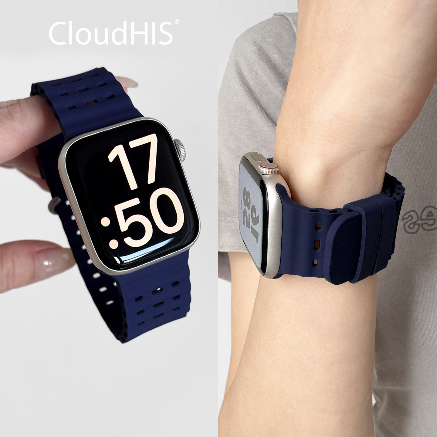 CloudHIS适用苹果手表带s11运动s12硅胶iwatch表带s10透气applewatchs9男女通用智能se3代替换腕带46mmUltra4